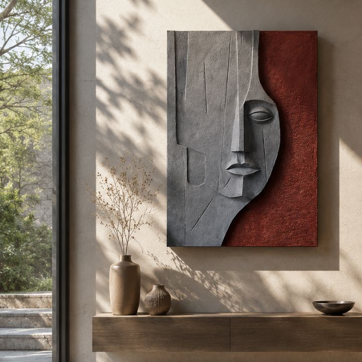 Wooden wall art featuring a 3D abstract face design titled Silent Reflection by The Gharnish.