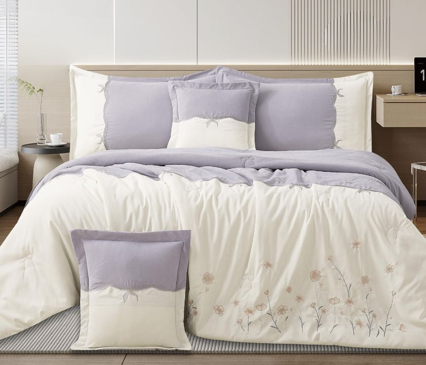 Floral embroidered bedcover set from The Gharnish, soft luxury bedding with colorful floral designs for modern bedroom decor.