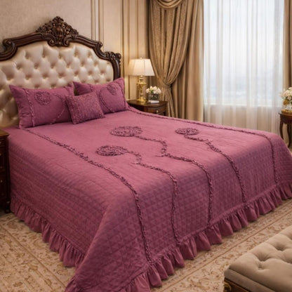 Ivory leaf handwork super designer king size quilted bedcover from The Gharnish, showcasing intricate leaf patterns and elegant quilting.