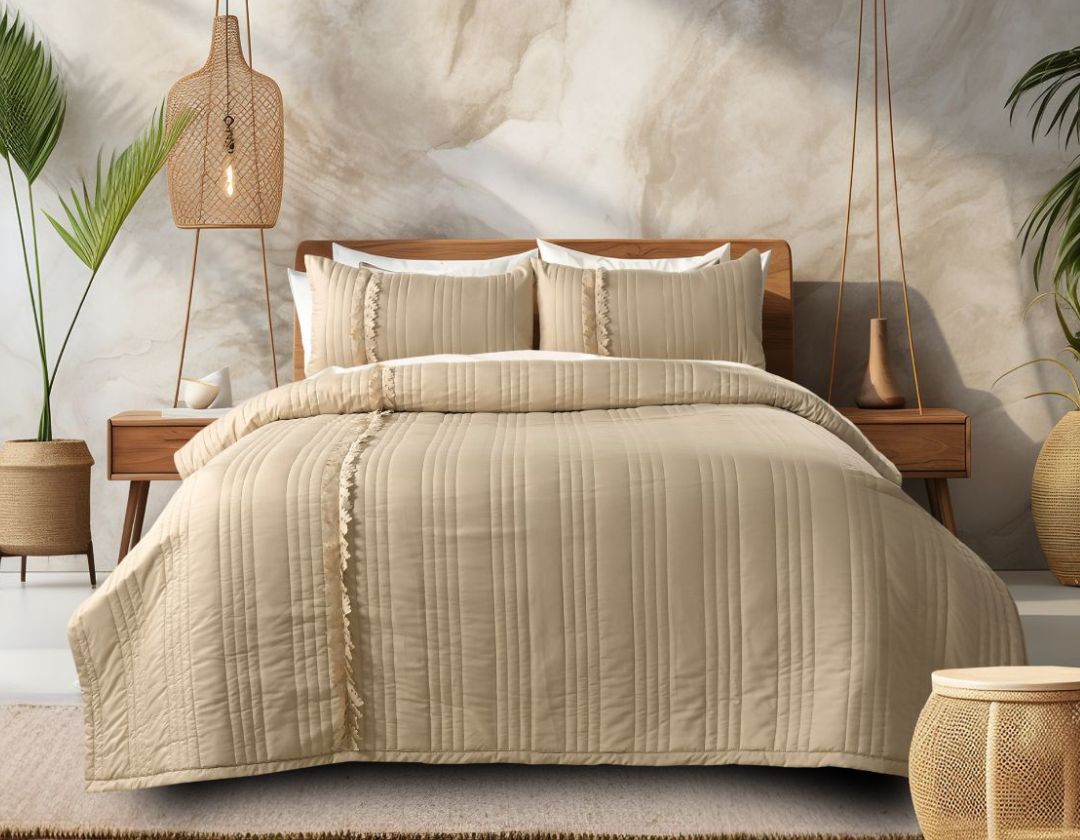 Designer quilted bedcover with cut work frill in king size, bedding by The Gharnish, showcasing intricate quilting and elegant design.