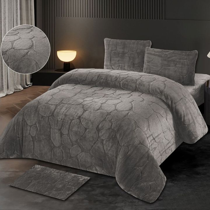 Embossed Stone Pattern 5 Pcs Rabbit Fur Duvet Cover Set - The Gharnish - A Unit of Satkala Creations
