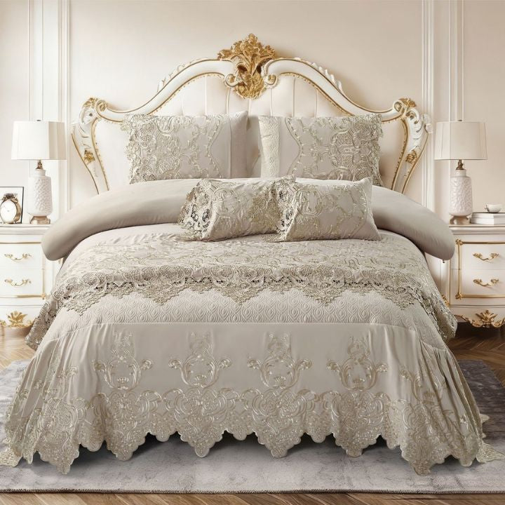 Luxury embroidered bedcover set with lace border from The Gharnish, premium quilted bedding for king size beds, shown on a bed.