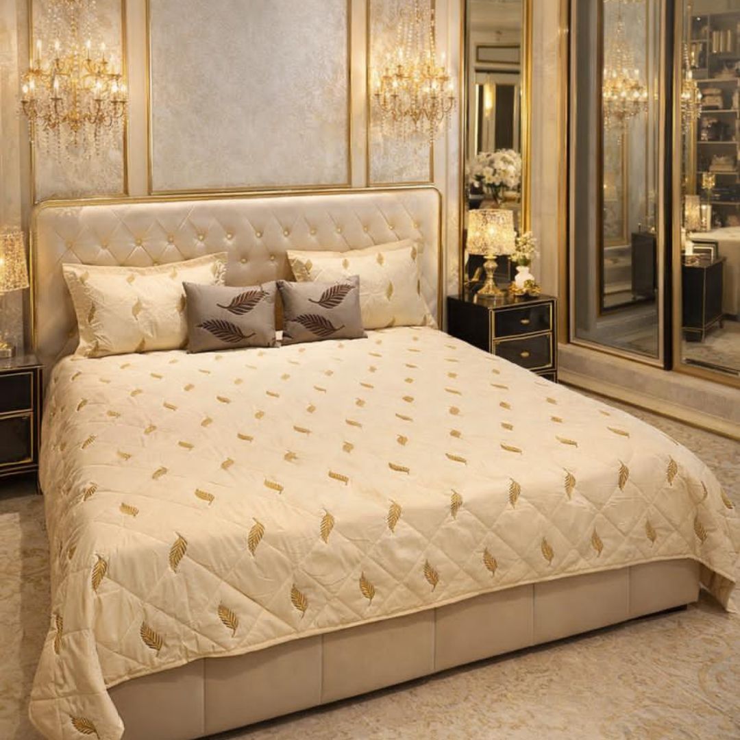 King size Irish designer quilted bedcover by The Gharnish, featuring intricate quilting and luxurious fabric in a stylish bedding design.