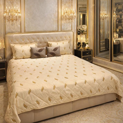 King size Irish designer quilted bedcover by The Gharnish, featuring intricate quilting and luxurious fabric in a stylish bedding design.