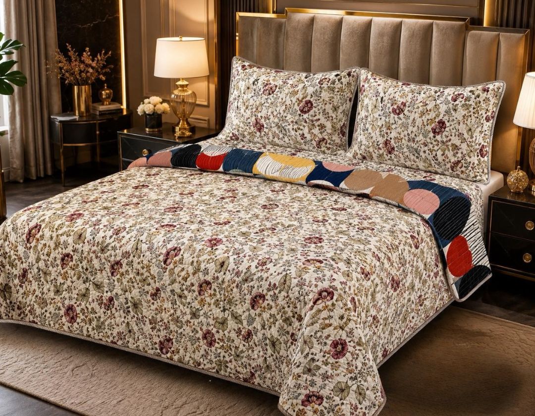 Ethnic 100% pure cotton reversible king-size bedcover by The Gharnish with vibrant traditional patterns and soft, breathable fabric.