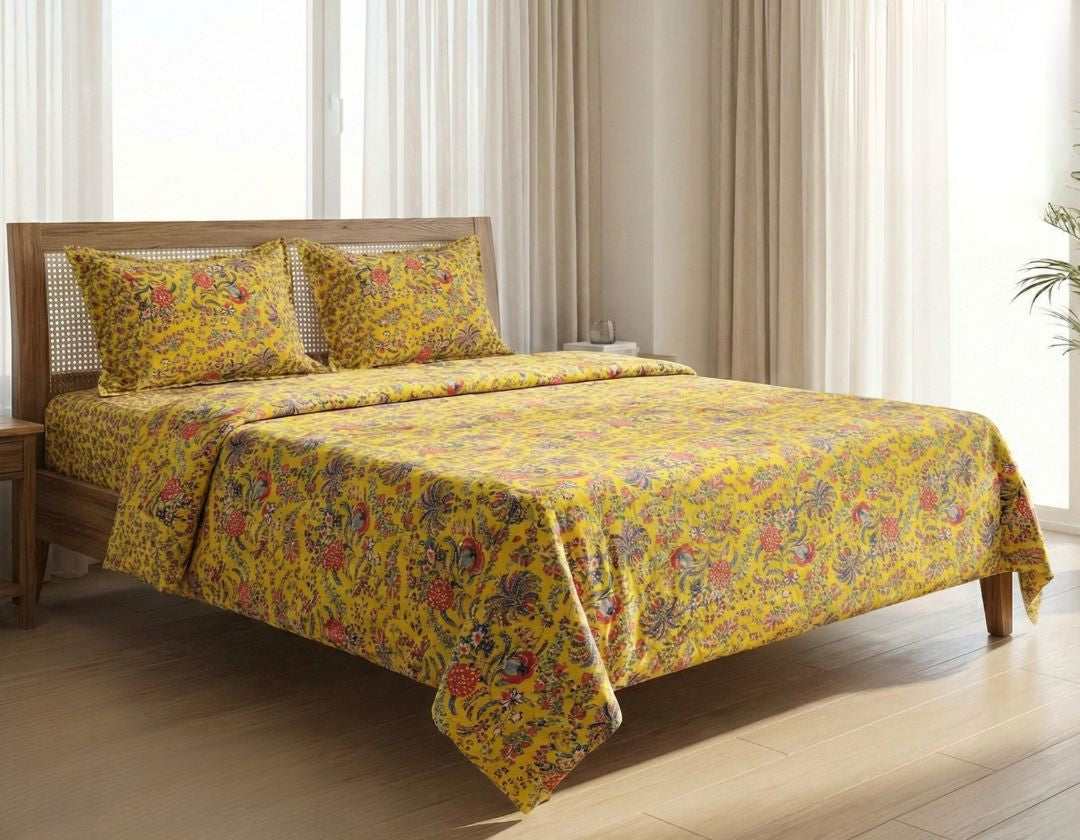 Pure cotton super king size bedsheet set by The Gharnish, featuring a soft, breathable bedding design with intricate patterns.