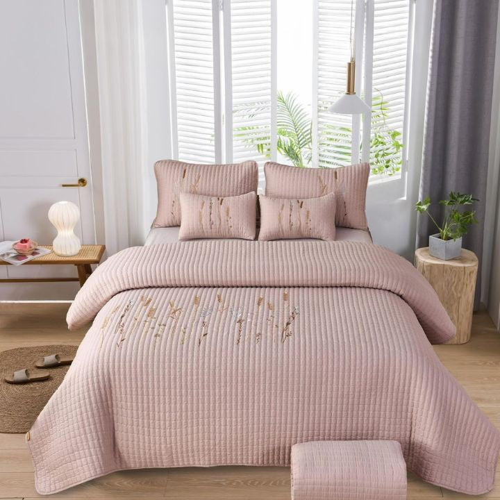 Crimson Gracious Thread Craft embroidered bedspread set with six pieces, featuring intricate embroidery on soft bedding fabric.