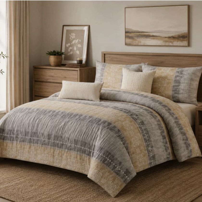 Ashwood Luxe Geometric Bedding Bedcover Set by The Gharnish featuring modern geometric patterns on soft fabric.