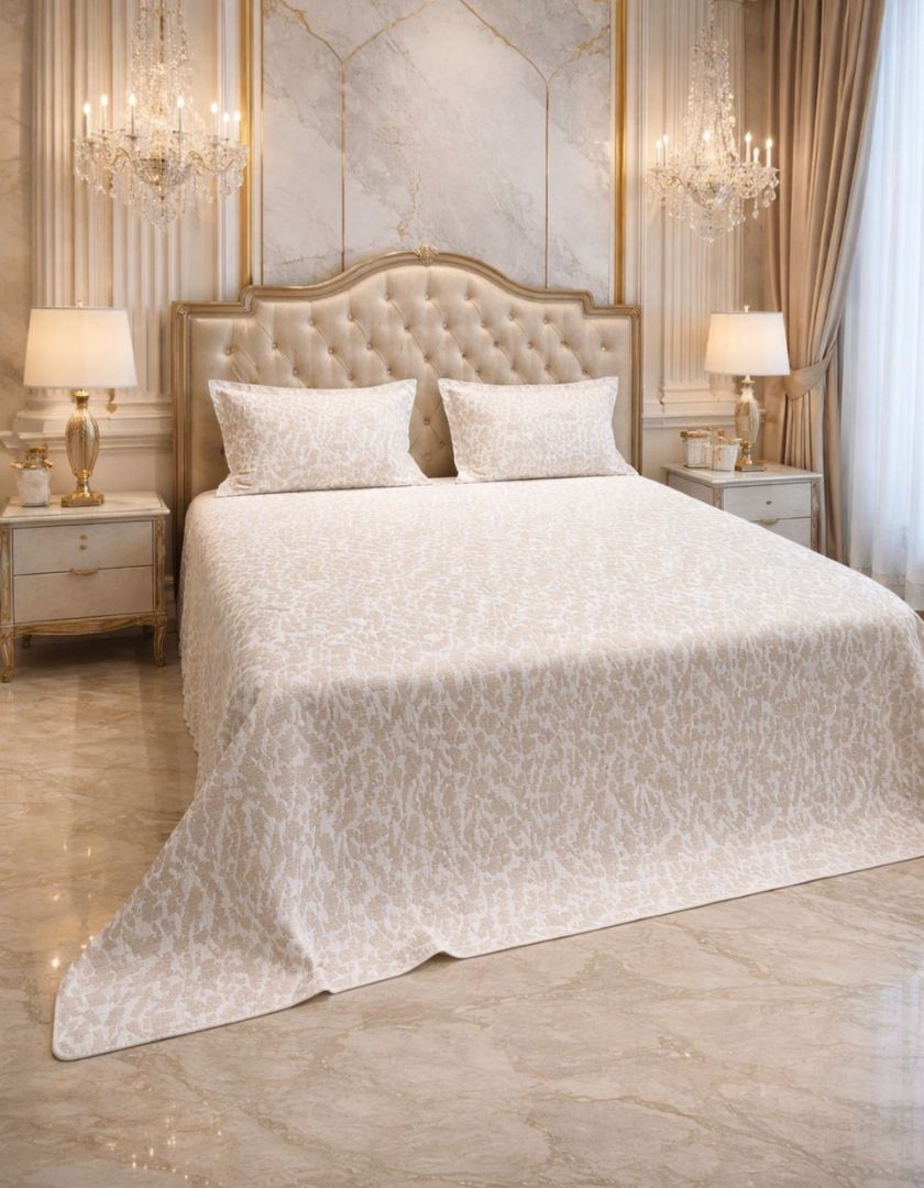 Reversible king size lightweight jacquard quilted bedcover from The Gharnish, with intricate patterns and soft quilting detail.