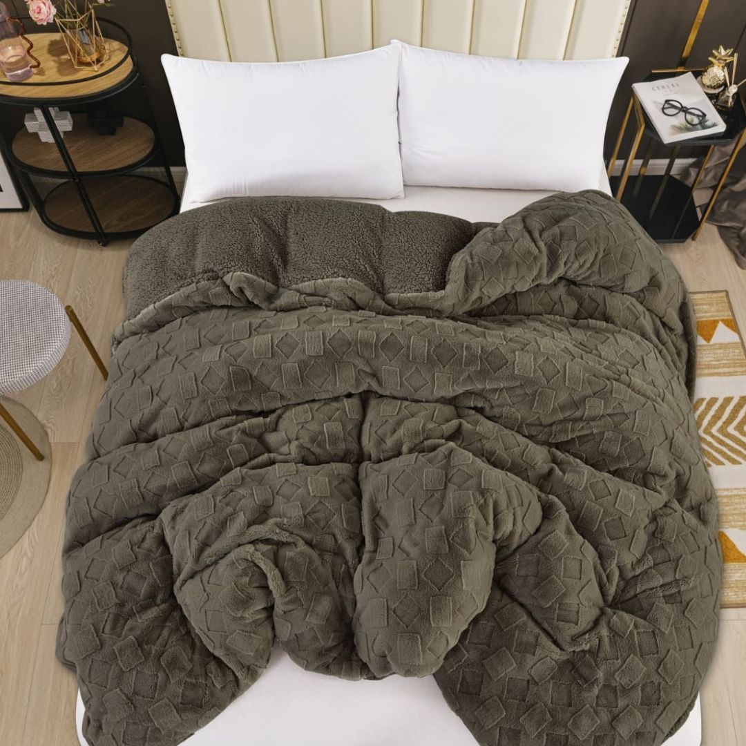 Luxury 2-in-1 rabbit fur and sherpa blanket with duvet cover from The Gharnish, soft, cozy all-season bedding in natural fabric.