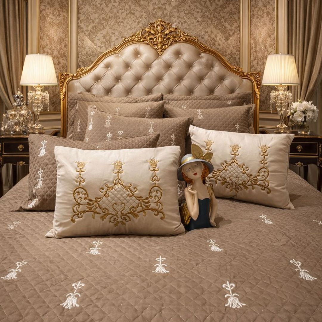 Luxurious quilted bedcover from The Gharnish Urban Designer bedding collection, featuring elegant quilted patterns and plush texture.