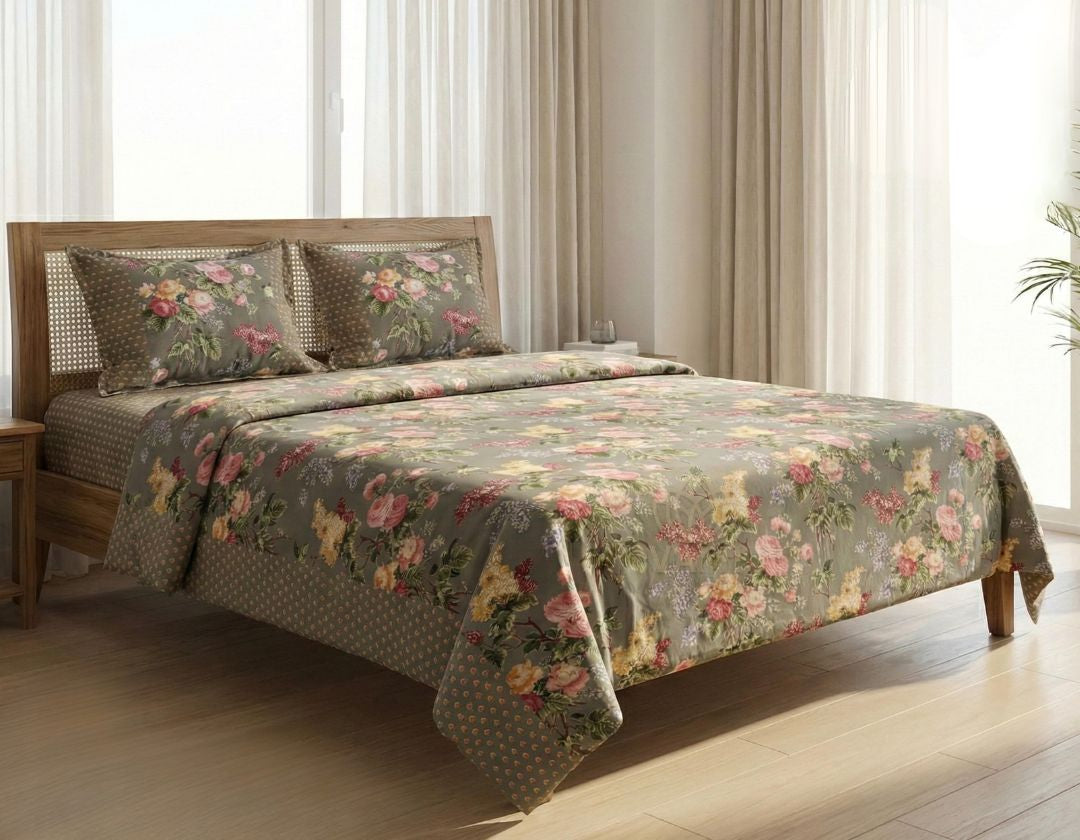 Pure cotton super king size bedsheet set from The Gharnish with a soft, smooth fabric and elegant design for luxurious bedding.