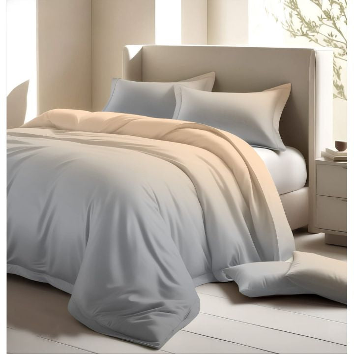 Colorful cotton bedding from The Gharnish Ombrey series featuring vibrant patterns on a neatly made bed.