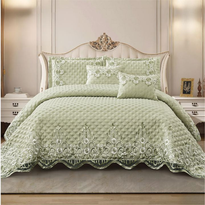 Luxury embroidered bedding set by The Gharnish, includes five pieces with intricate embroidery on soft fabric for elegant bedroom decor.