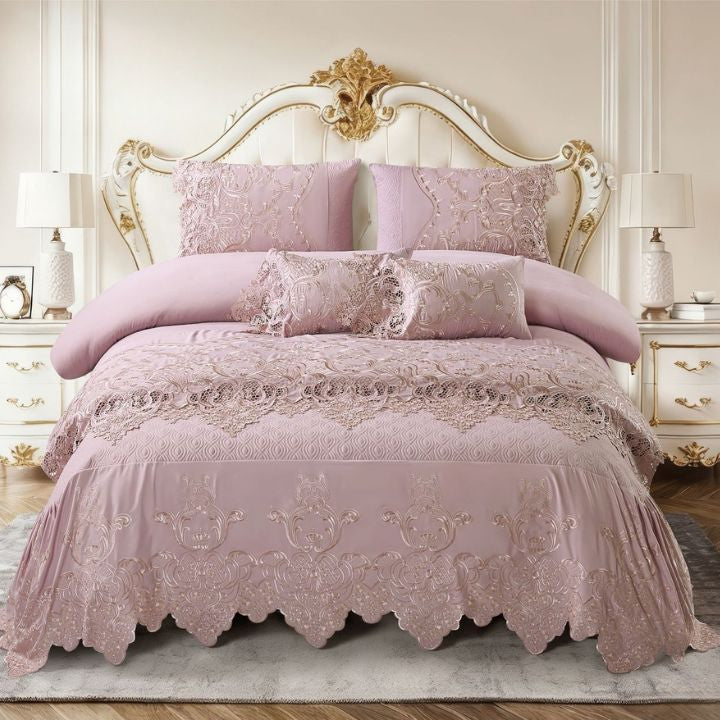 Luxury embroidered bedding set with lace border for king size beds, premium quilted bedcover from The Gharnish.