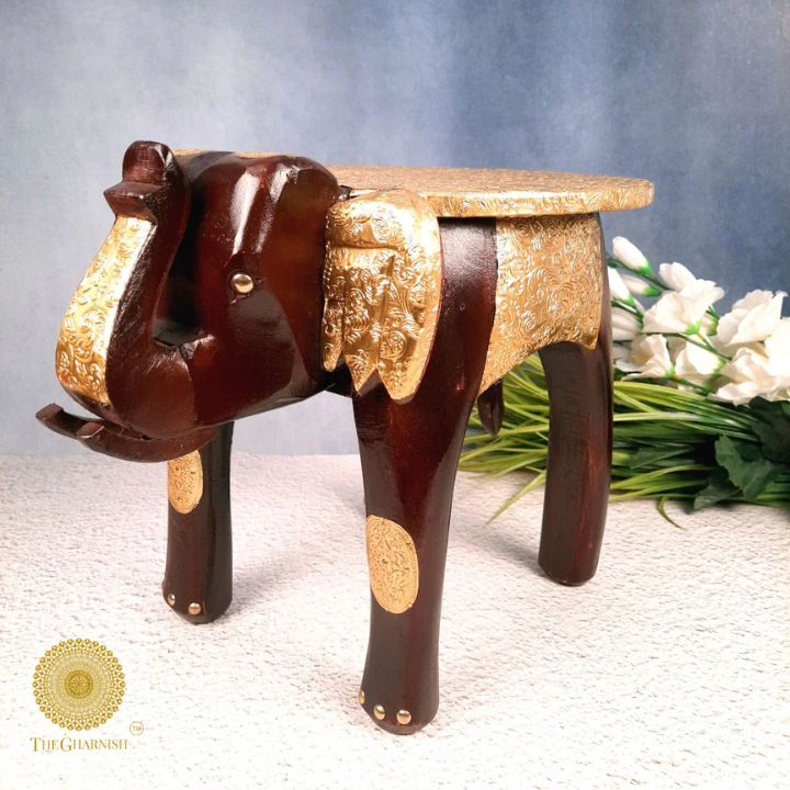 Rajasthani Wooden Elephant Stool With Brass Plating