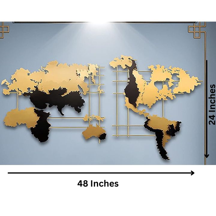 Metallic Crafted World Map Wall Art (48x24 Inches) - The Gharnish - A Unit of Satkala Creations