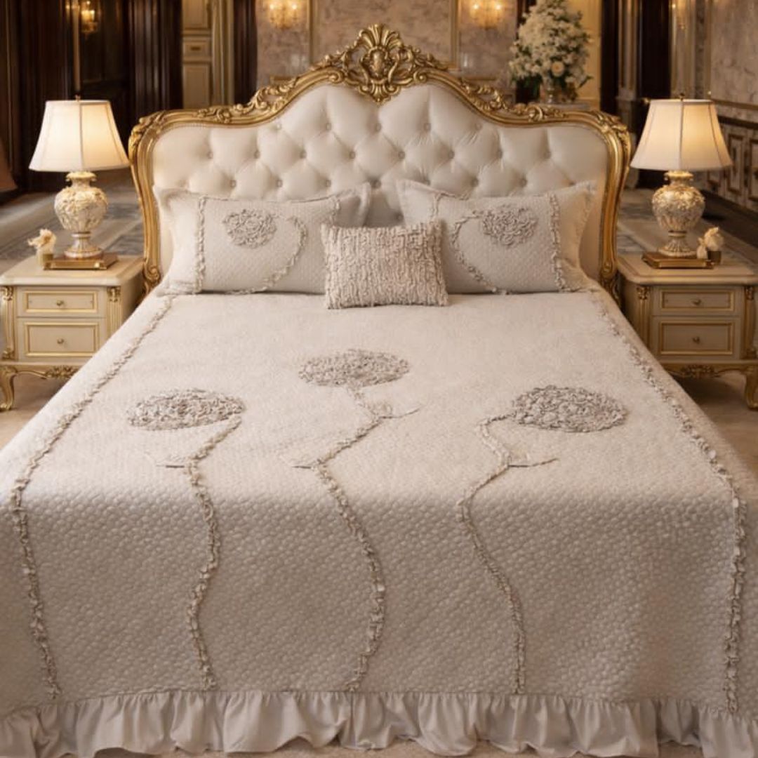 Ivory leaf handwork designer king size quilted bedcover from The Gharnish, featuring intricate leaf patterns on soft bedding fabric.