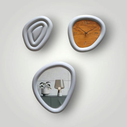 Organic Shape Wall Decor Set – Modern Clock, Mirror & Art Panel (Set of 3)
