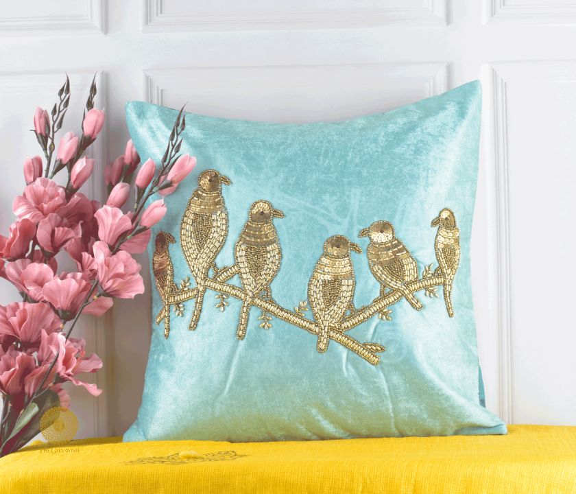 Velvet Bird Beaded Sequin Cushion Covers Sky Color