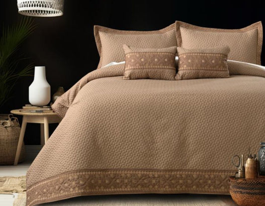 Luxury quilted embroidered bedcover set with five pieces, featuring intricate patterns and plush bedding from The Gharnish.