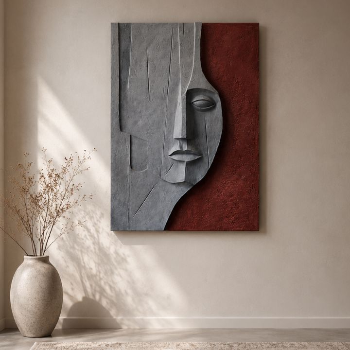 Wooden wall art featuring a 3D abstract face design titled Silent Reflection by The Gharnish.