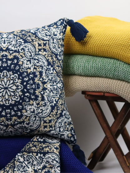 Pure Cotton Blue Hanblocked Cushion Cover with Tussels - The Gharnish - A Unit of Satkala Creations
