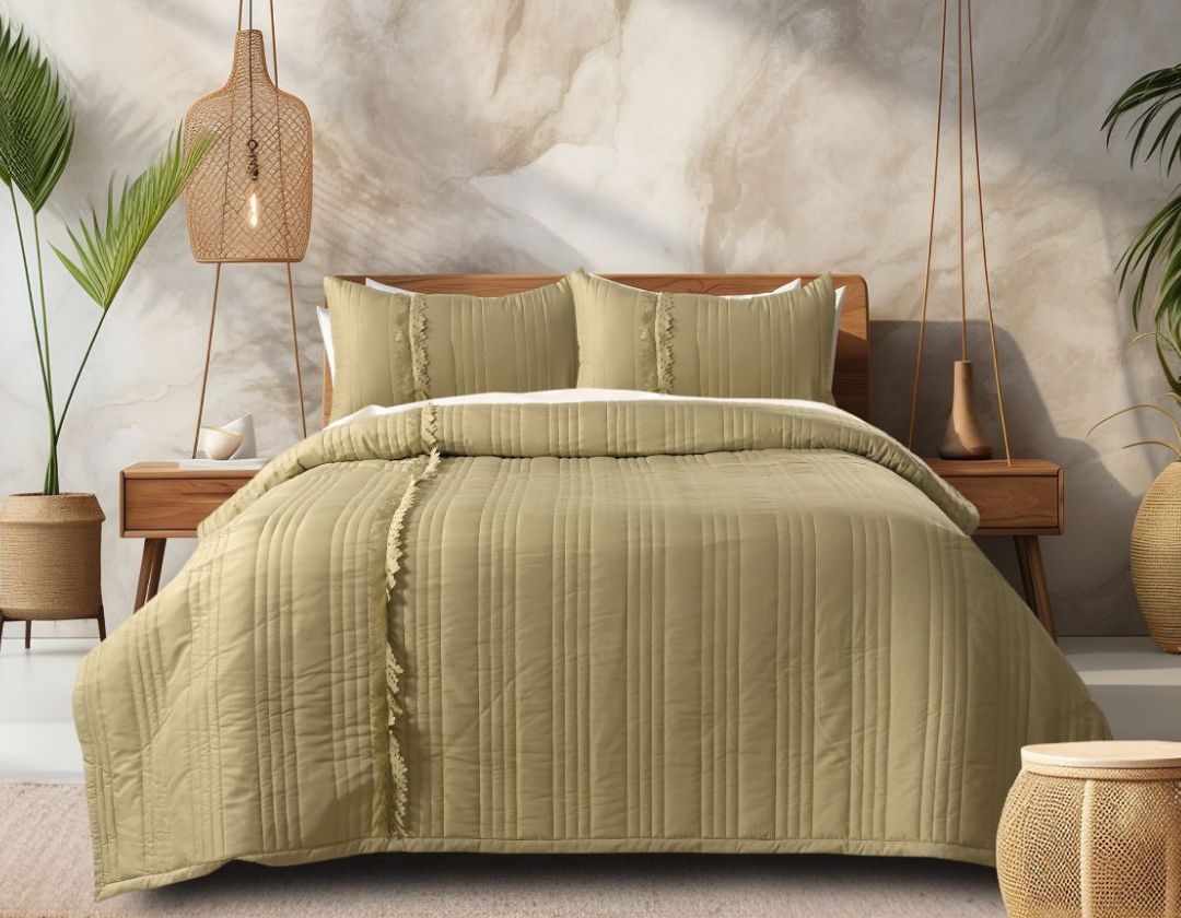 King size designer quilted bedcover with cut work frill from The Gharnish, showcasing intricate quilting and elegant detailing.