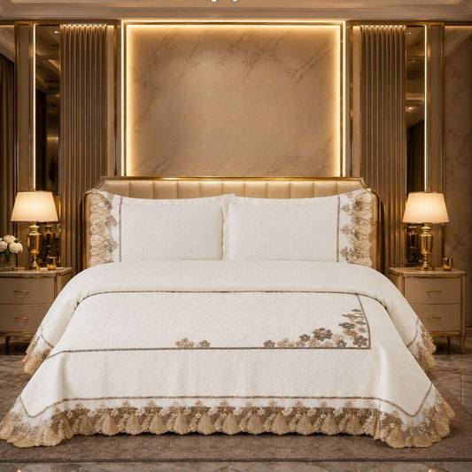 Luxurious quilted bedding set by The Gharnish featuring elegant patterns and plush fabric, perfect for a stylish bedroom.