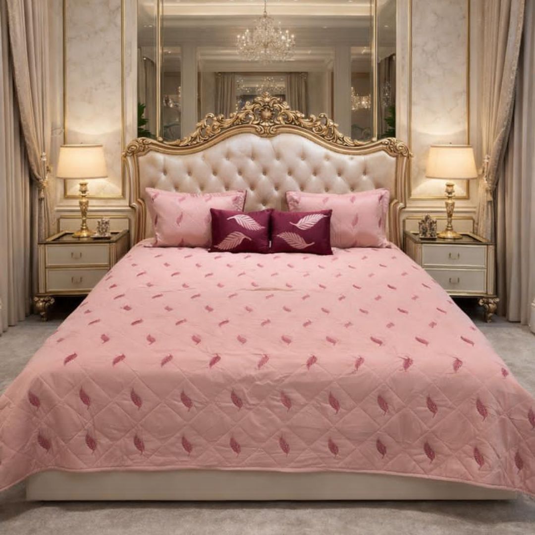 King size quilted bedcover by The Gharnish featuring Irish designer bedding with intricate quilting details.