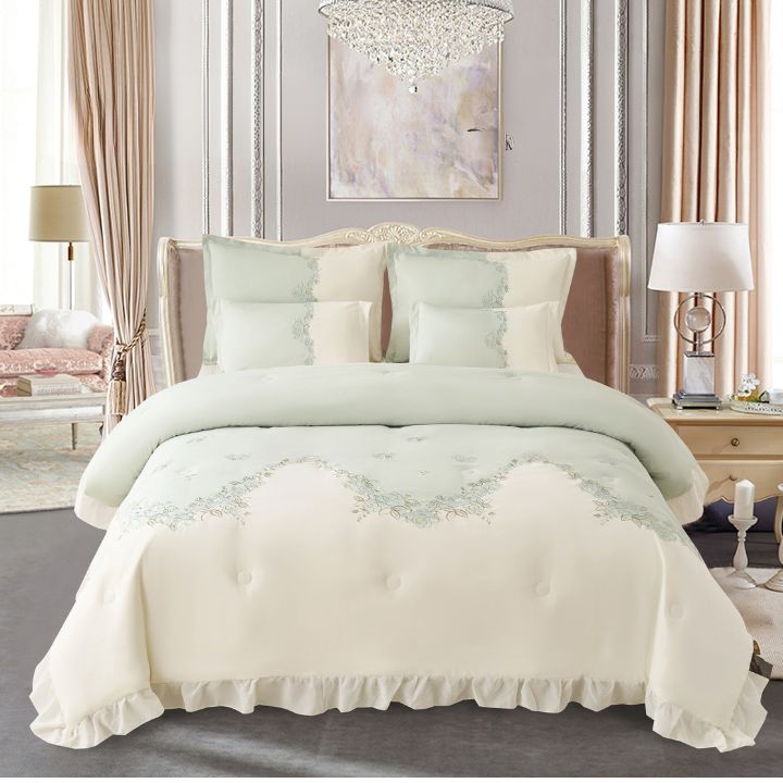 Regal Blush Aura Romantic embroidered luxury bedding set with 6-piece comforter and bedsheets from The Gharnish, showcasing intricate embroidery.