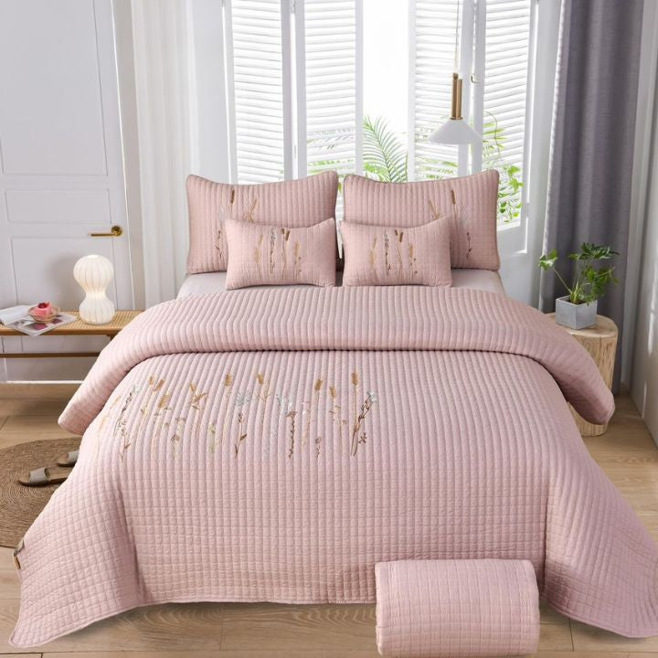 Crimson Gracious Thread Craft 6-piece embroidered bedding set with intricate floral designs on soft fabric, perfect for a luxurious bedroom.