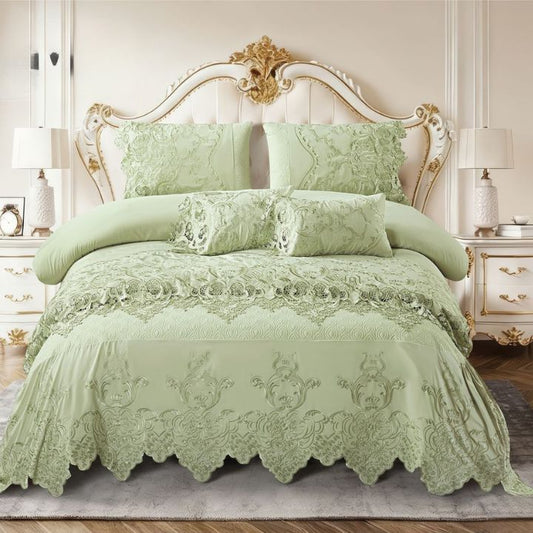 Luxury embroidered bedding set with lace border, quilted king size bedcover from The Gharnish, showcasing intricate embroidery and premium fabric.
