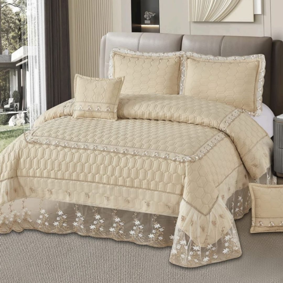 Super Soft Cotton feel  King Size 5 Pc Quilted bedcover with frill - The Gharnish - A Unit of Satkala Creations