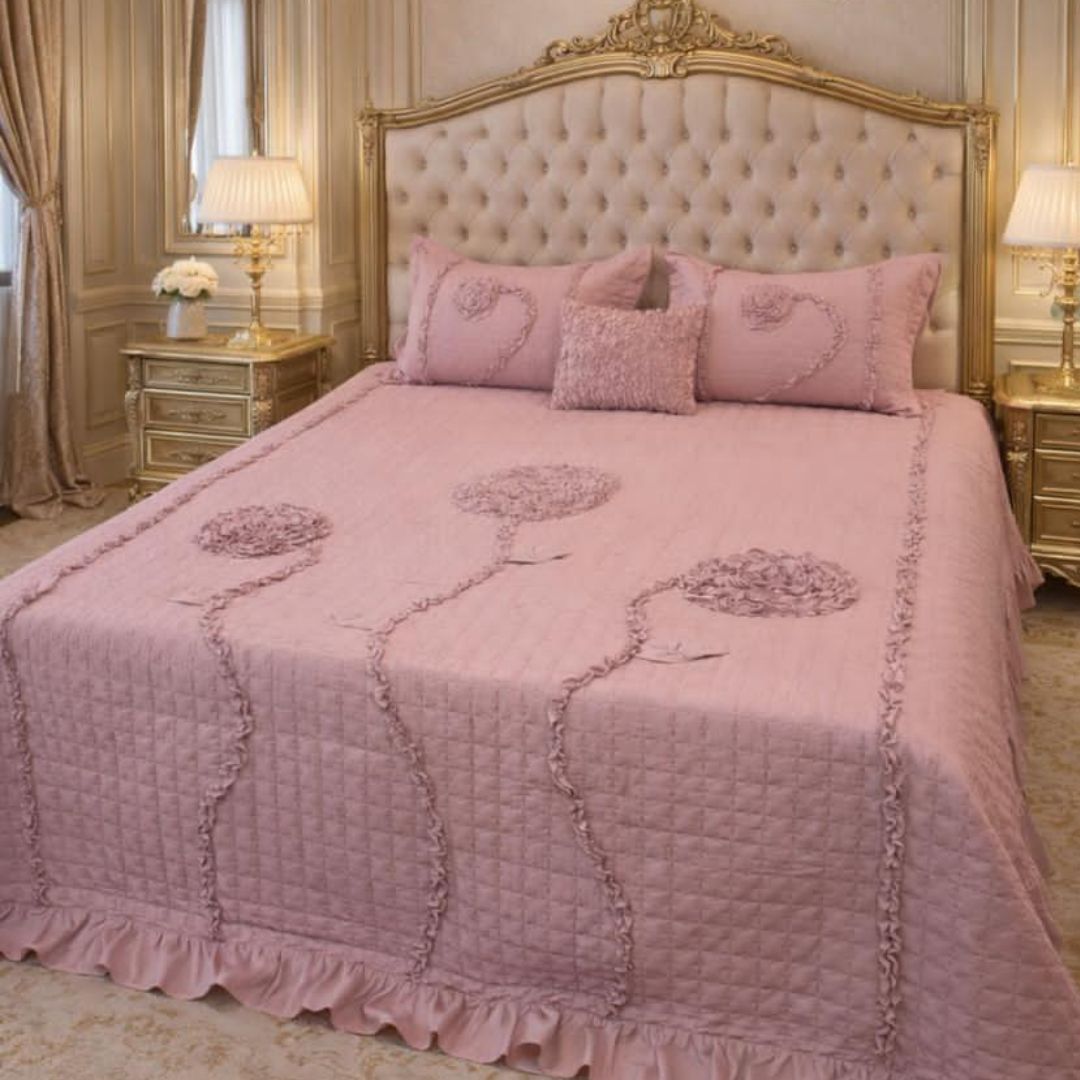 Ivory leaf handwork super designer king size quilted bedcover from The Gharnish, featuring intricate leaf patterns and elegant bedding design.