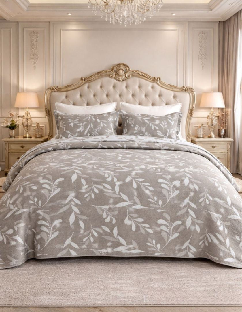 Reversible king size lightweight jacquard quilted bedcover by The Gharnish with intricate patterns on soft bedding fabric.