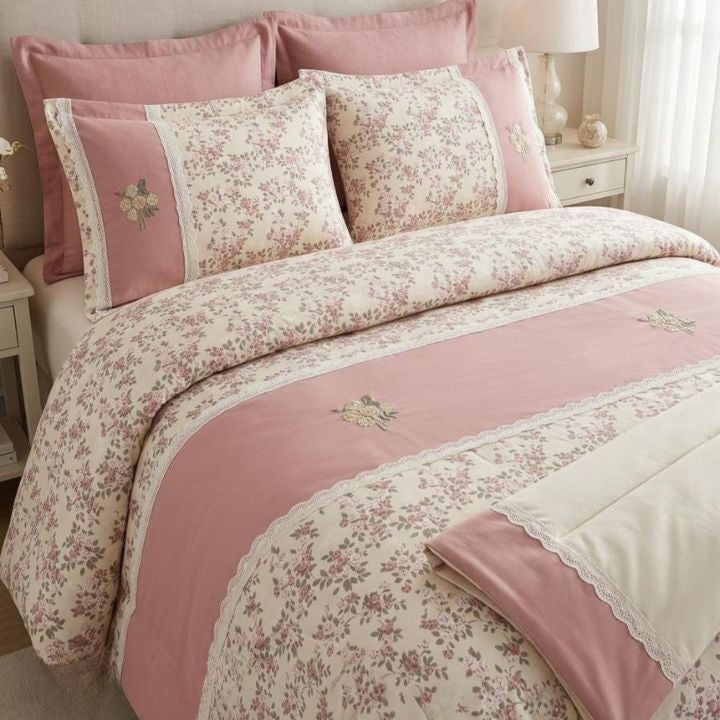 The Gharnish Floriana king size all-season comforter set with four bedding pieces, featuring floral patterns and soft fabric.