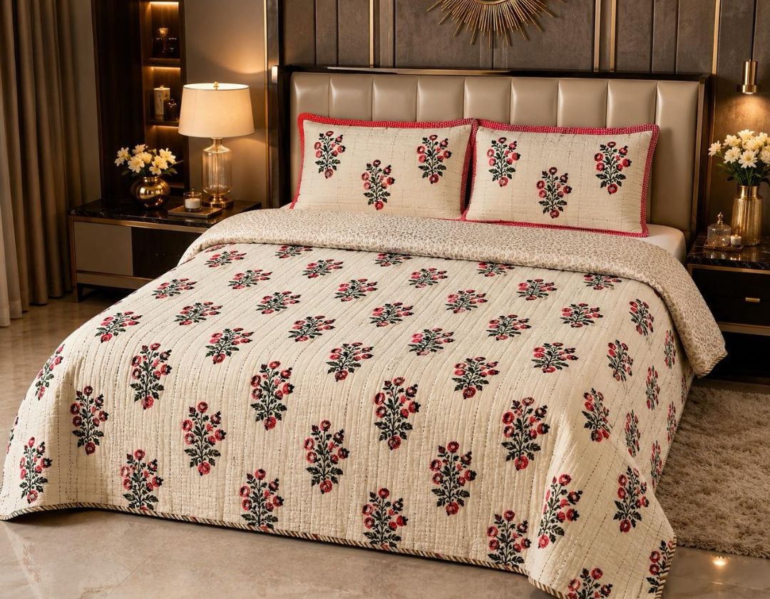 Ethnic 100% pure cotton reversible king-size bedcover by The Gharnish, featuring vibrant traditional patterns and soft fabric.