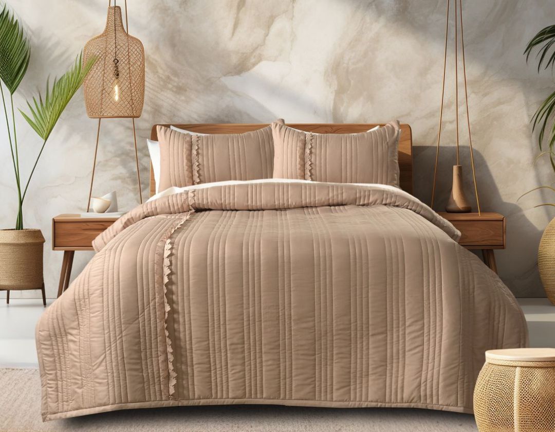 King size designer quilted bedcover with cut work frill in bedding, featuring intricate quilting and elegant detailing by The Gharnish.