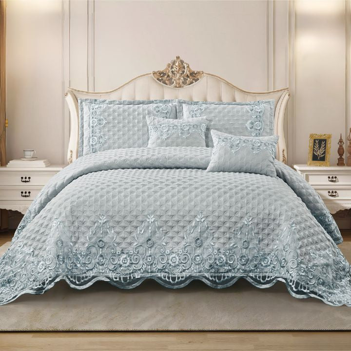 Luxury embroidered bedding set by The Gharnish featuring a 5-piece design with intricate embroidery and soft fabric for a elegant bedroom look.