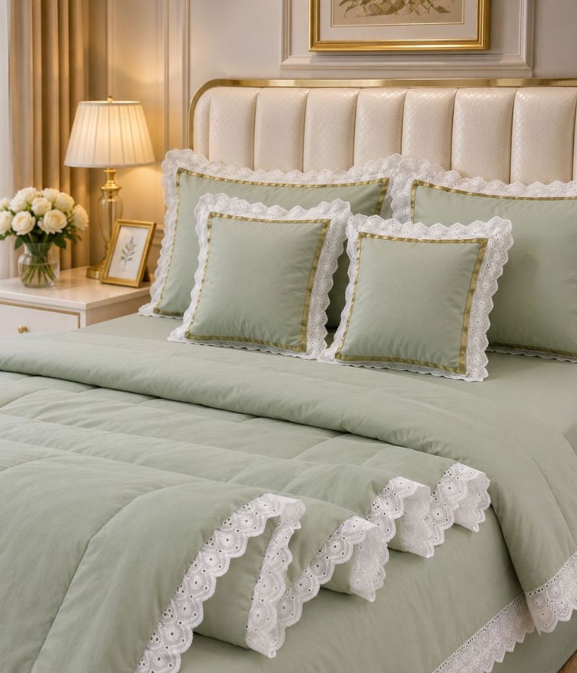 Luxury quilted king size bedcover set from The Gharnish with matching pillowcases and decorative bedding for a stylish bedroom look.