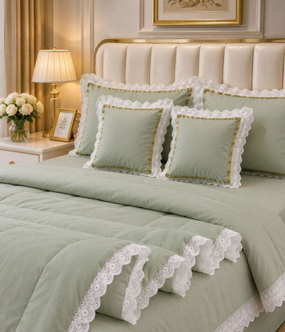 Luxury quilted king size bedcover set from The Gharnish with matching pillowcases and decorative bedding for a stylish bedroom look.
