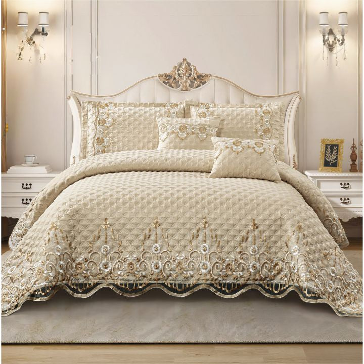 Luxury embroidered bedding set by The Gharnish featuring five pieces with intricate embroidery and elegant design.