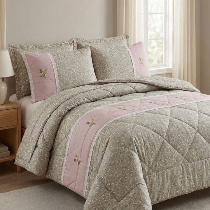 Floriana king size all-season bedding comforter set by The Gharnish, includes four premium bedding pieces with floral design.