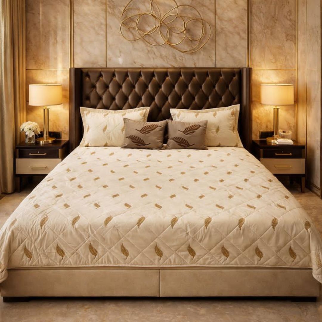 Irish designer quilted bedcover by The Gharnish in king size, featuring intricate patterns and soft fabric for luxurious bedding.