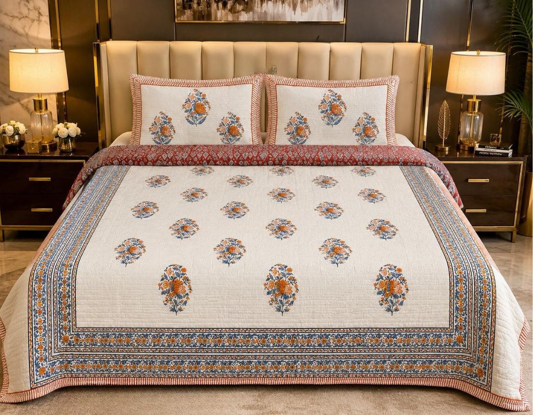 Ethnic 100% pure cotton reversible king-sized bedcover from The Gharnish with colorful traditional patterns and soft fabric.