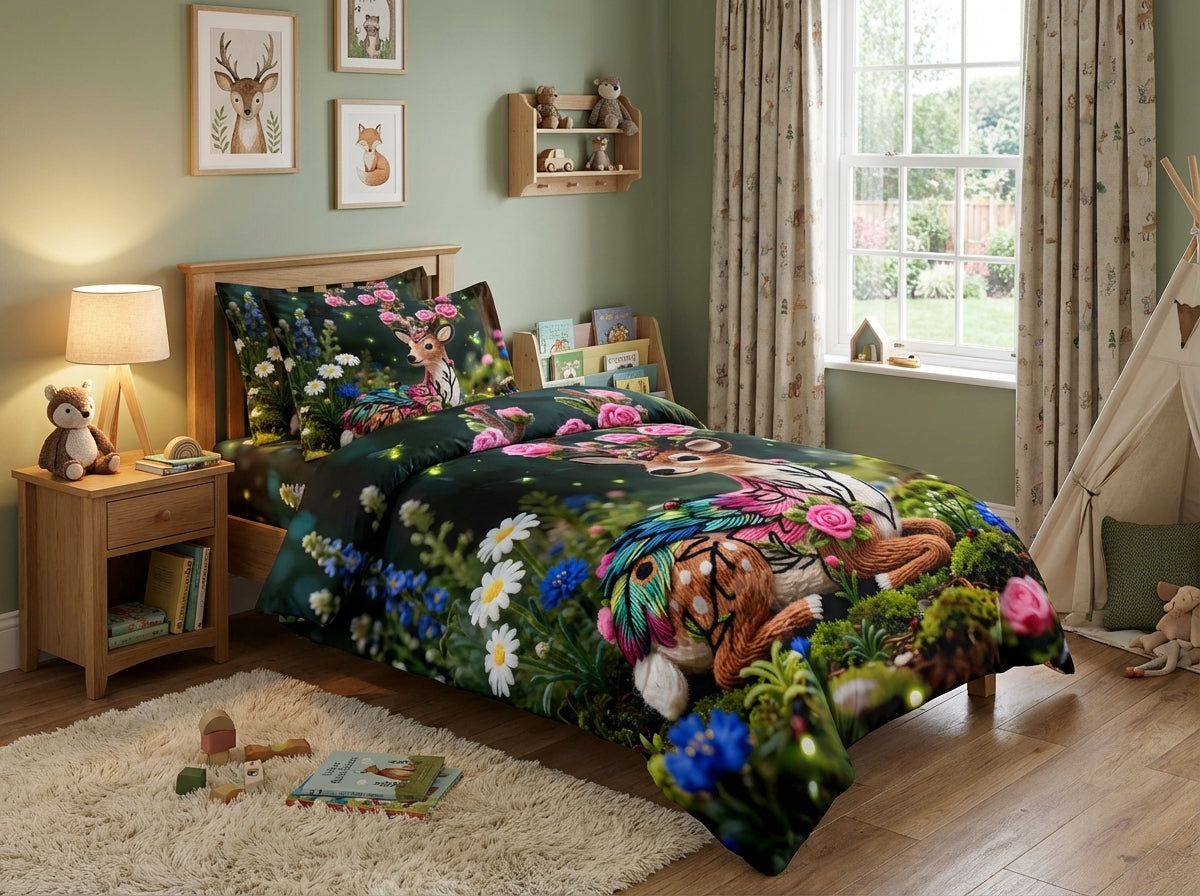 Magical Forest kids bedsheet collection by The Gharnish featuring 7D printed bedding with colorful forest and fairy tale designs.