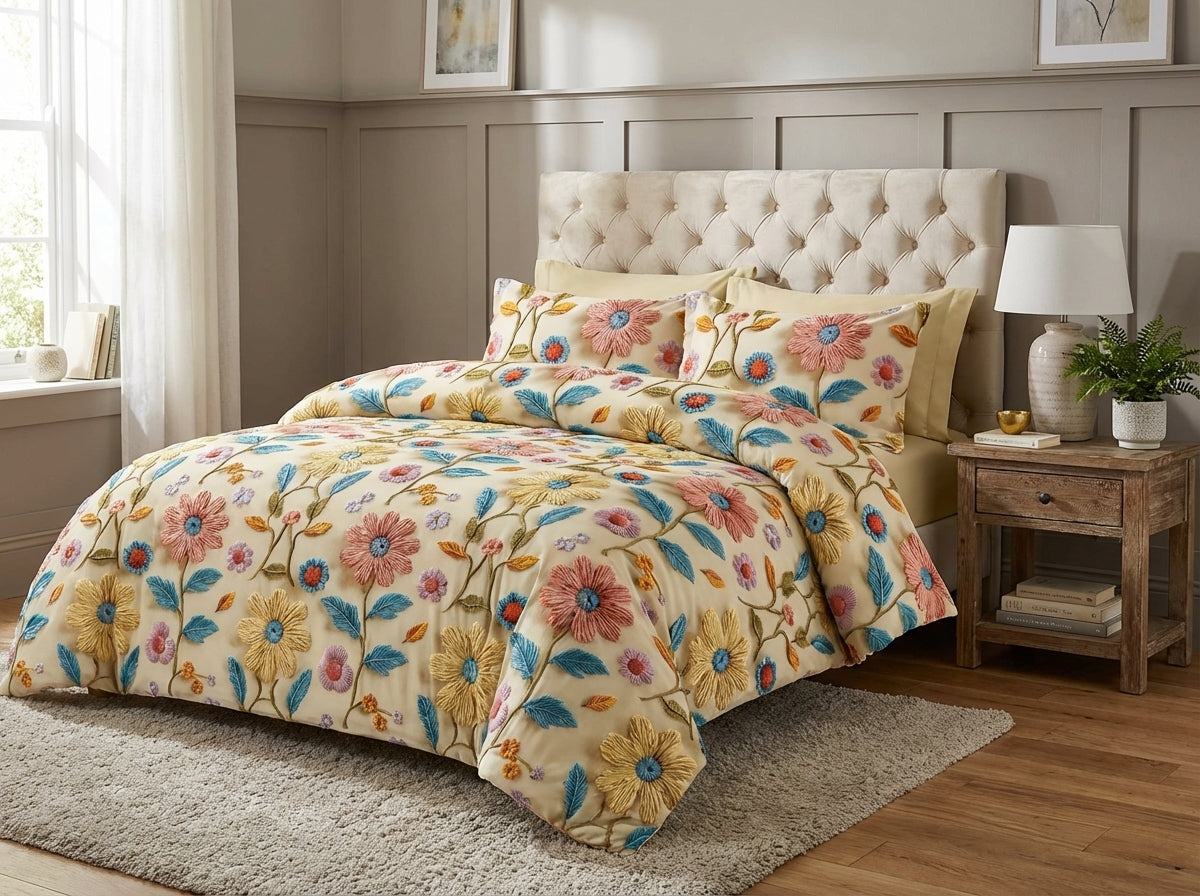 Kids corner Blossom Series king size 7D printed bedsheet by The Gharnish with vibrant floral patterns on soft fabric.