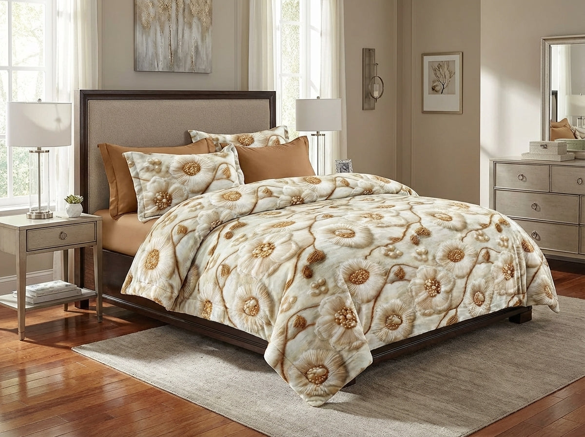 Eternal Blossom 7D Print bedsheet set from The Gharnish, featuring vibrant floral bedding with intricate 7D print details.