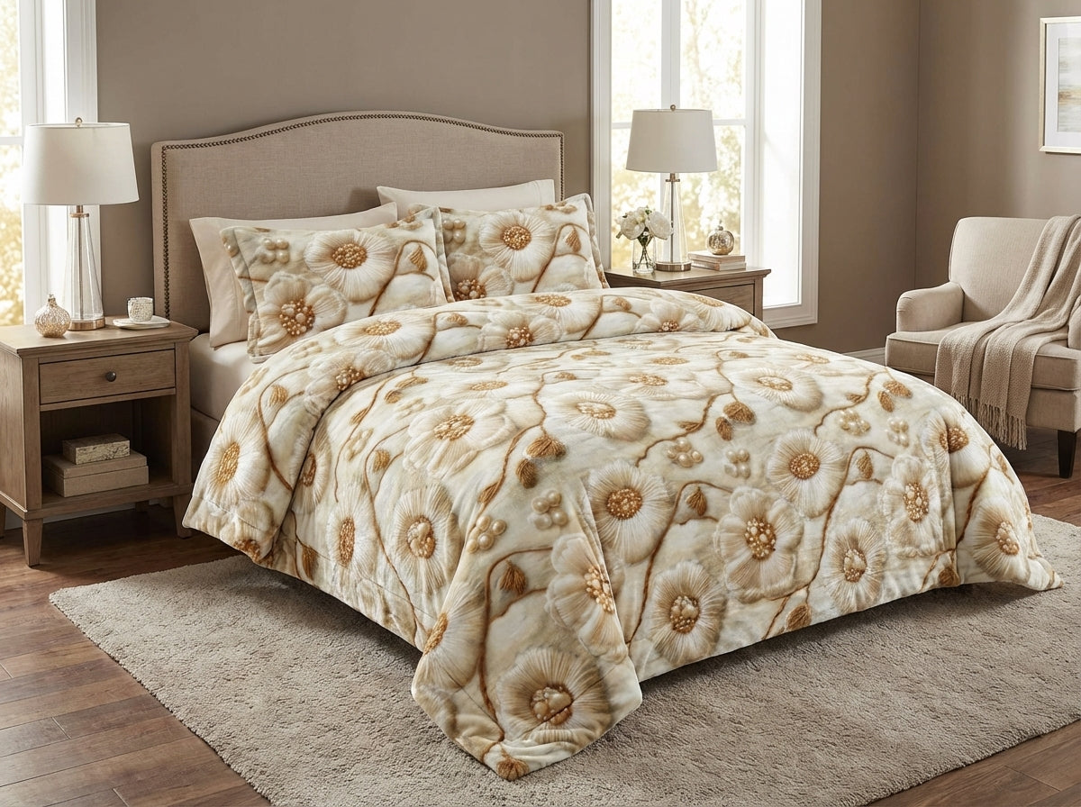 Eternal Blossom 7D print bedsheet set by The Gharnish, featuring vibrant floral bedding with intricate 7D design details.